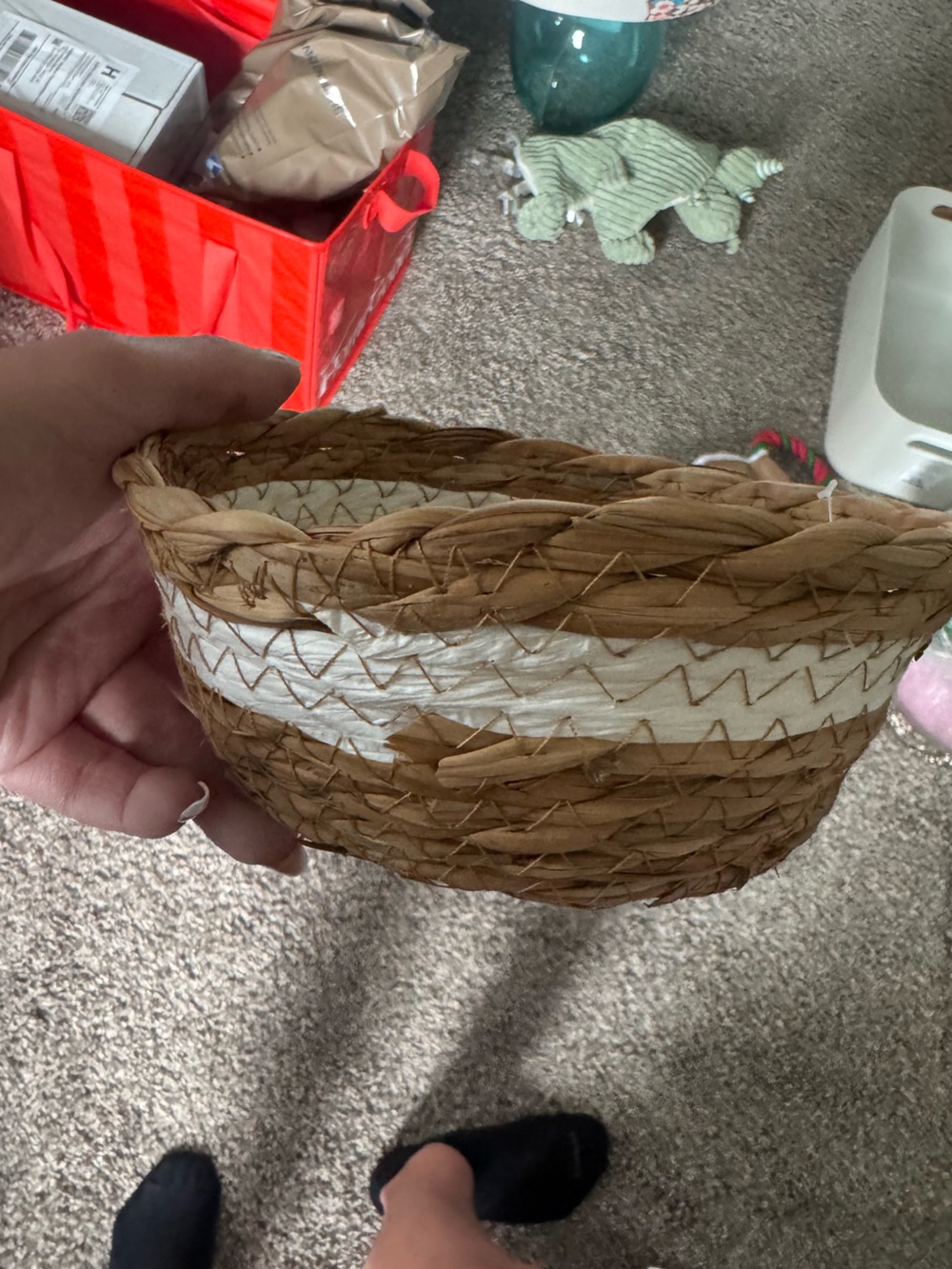 Small Round Woven Straw Bowl with White Accent